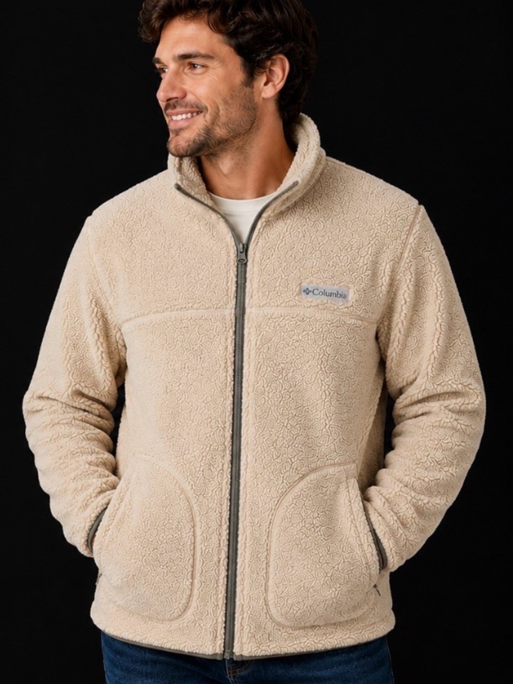 Columbia Men’s Beige Sherpa Fleece Full Zip Jacket Coat Outdoor Layer Size Large